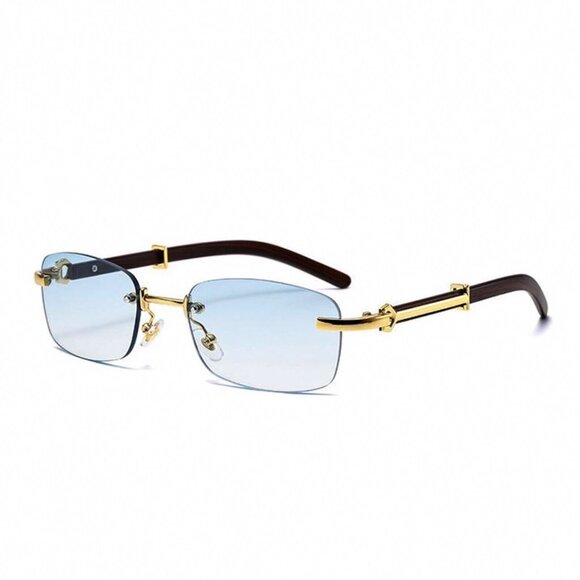 Rectangle Rimless Gold Frame Baby Blue Tint Retro 90s Vintage Hip Hop Sunglasses - Picture 1 of 4